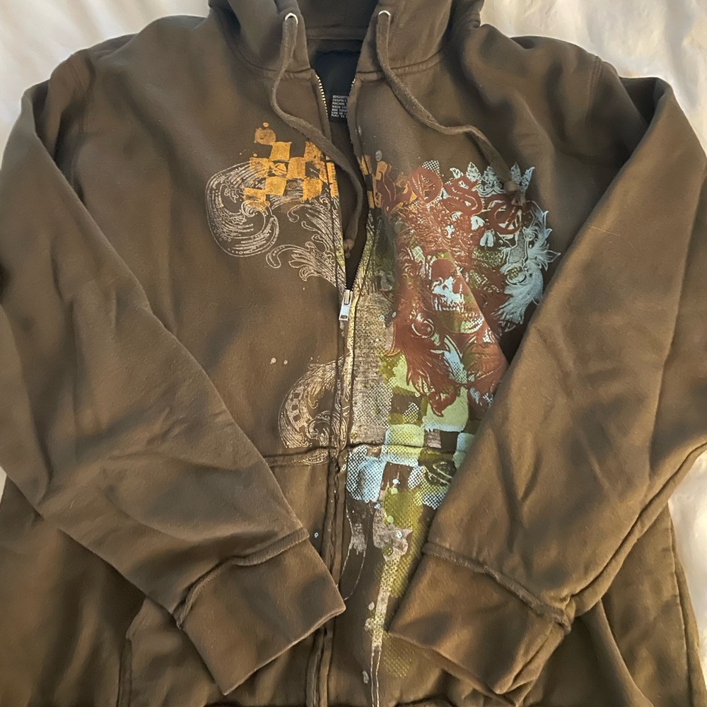 Lost Surf Skater Cotton Zip Up Sweatshirt Hoodie Full Zip Brown/Blue - Picture 3 of 9